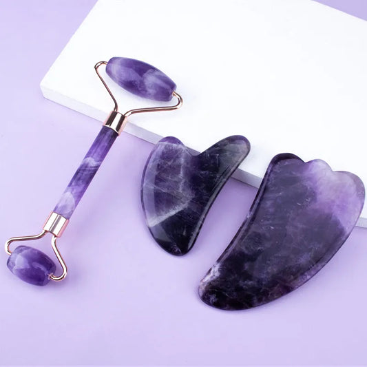 Amethyst Jade Roller & Gua Sha Set - 3-Piece Natural Stone Facial Sculpting Kit